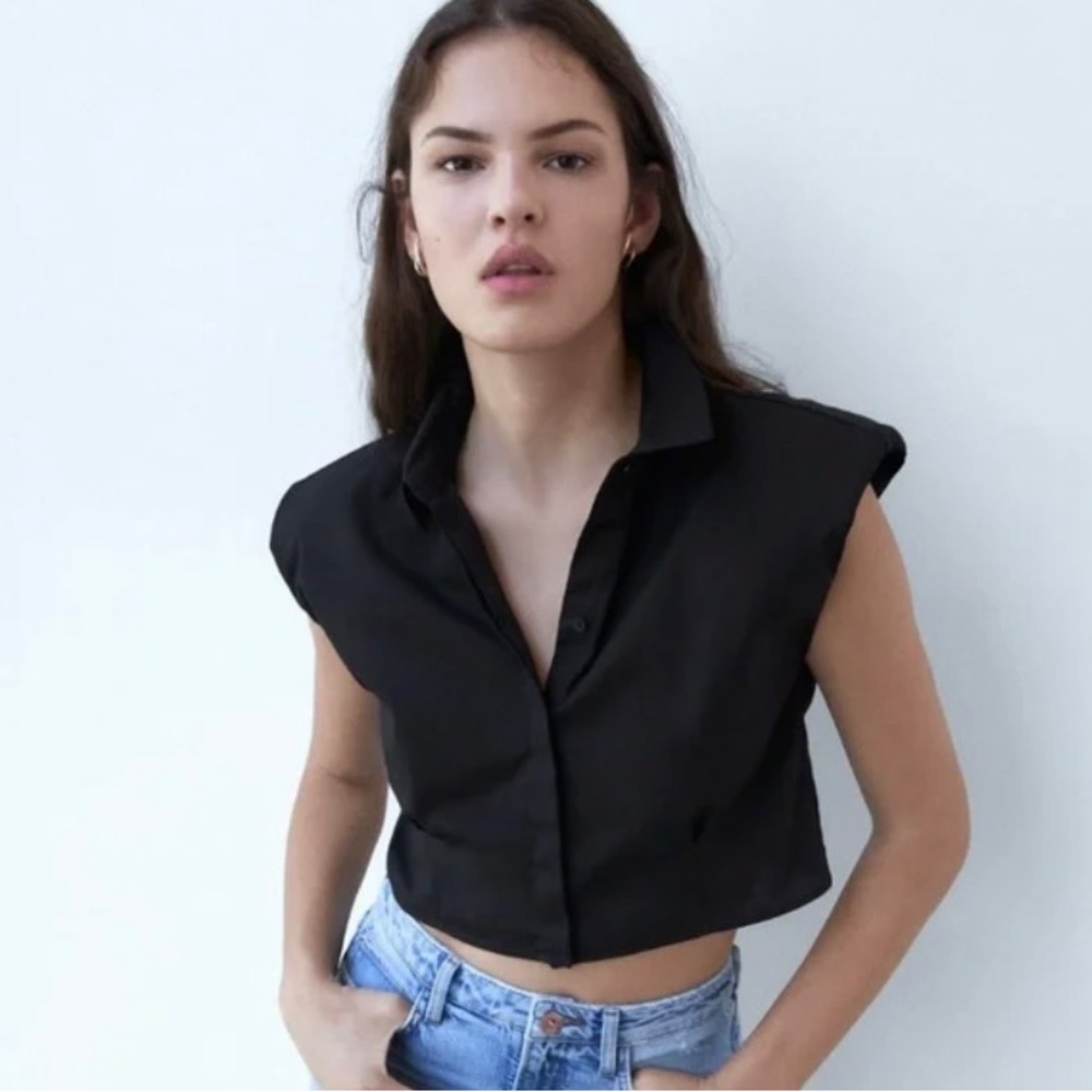 Zara shoulder pads poplin cropped shirt